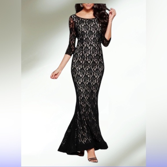 VENUS Dresses & Skirts - Venus Couture Black Lace Mermaid/Fishtail Gown with Nude Underlay Size 6 NWOT